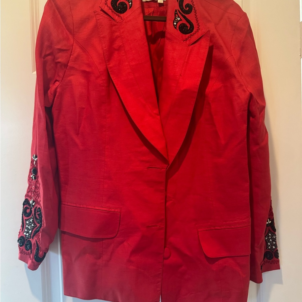 Nina Austin Red Blazer with Black Embroidery